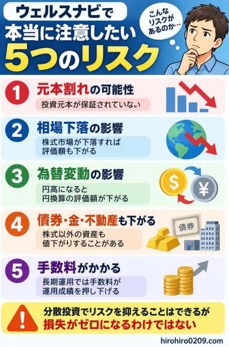 ウェルスナビで注意したい5つのリスクをまとめた図解。元本割れの可能性、株式市場の下落、為替変動、債券・金・不動産などの値下がり、手数料負担があり、分散投資をしても損失がゼロになるわけではないことを解説