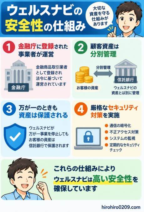 ウェルスナビの安全性の仕組みをまとめた図解。金融商品取引業者としての登録、顧客資産の分別管理、万が一の破綻時に備えた資産保護の仕組み、セキュリティ対策について紹介