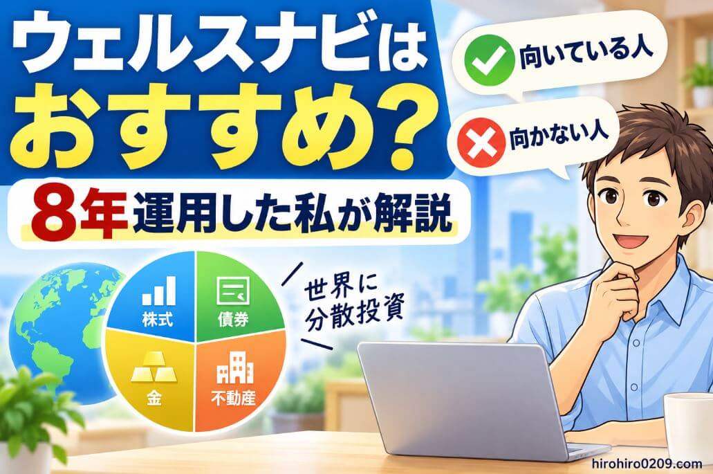 ウェルスナビはおすすめなのか、8年運用した実体験から向いている人・向かない人を解説する記事のアイキャッチ画像。株式・債券・金・不動産など世界への分散投資をイメージした図解入り