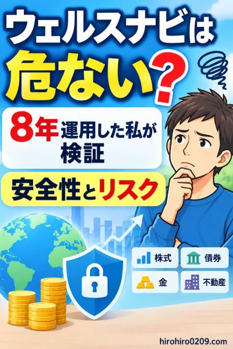 ウェルスナビは危ないのか、8年運用した筆者が安全性とリスクを検証したアイキャッチ。元本保証のない投資である一方、株式・債券・金・不動産など複数資産へ分散投資する特徴があることを紹介