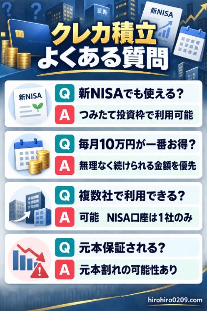 クレカ積立の新NISA対応、毎月の積立額、複数社での利用、元本割れについて回答したよくある質問の図解
