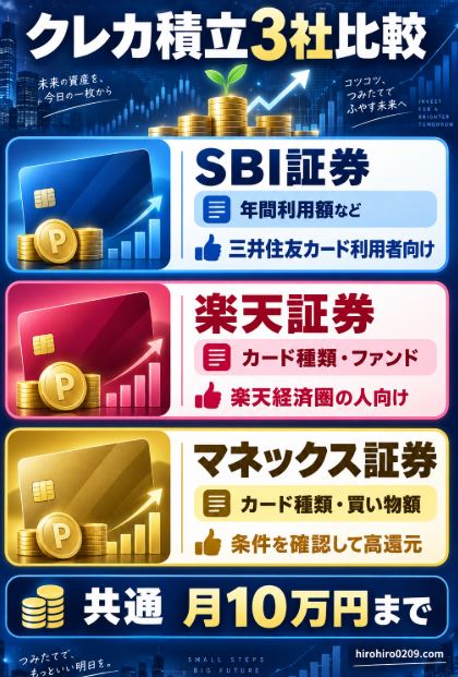 SBI証券・楽天証券・マネックス証券のクレカ積立について、還元条件と向いている人を比較した図解