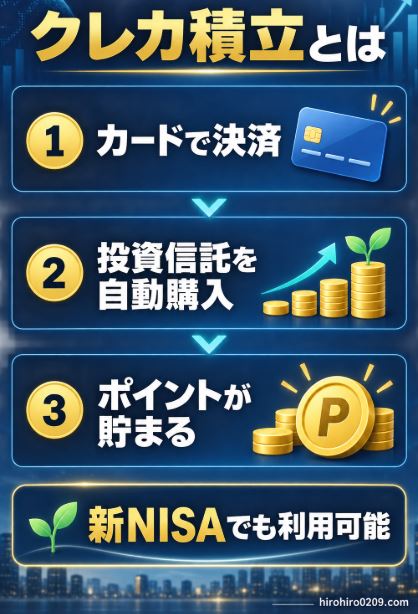 クレジットカードで決済し、投資信託を自動購入してポイントが貯まるクレカ積立の仕組みを示した図解