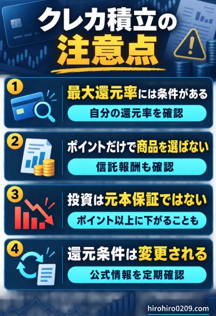 クレカ積立を始める前に確認したい還元条件、信託報酬、元本割れの可能性、条件変更の4つの注意点を示した図解