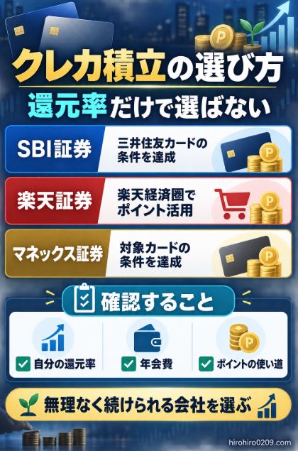 SBI証券・楽天証券・マネックス証券が向いている条件と、還元率、年会費、ポイントの使い道を確認して選ぶ方法をまとめた図解
