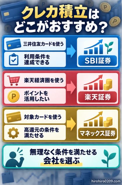 三井住友カード利用者はSBI証券、楽天経済圏の利用者は楽天証券、対象カードの条件を満たせる人はマネックス証券が向いていることを示した図解