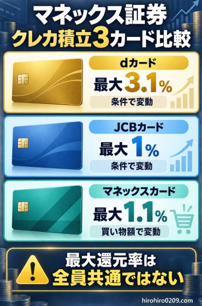 マネックス証券のクレカ積立に対応するdカード、JCBカード、マネックスカードの最大還元率と適用条件を比較した図解