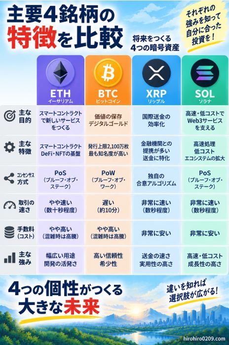 ETH・BTC・XRP・SOLの4銘柄について、主な目的や特徴、コンセンサス方式、取引速度、手数料、強みの違いを比較した図解