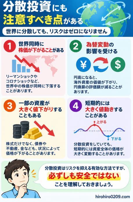 世界への分散投資でもリスクがゼロにならない理由をまとめた図解。世界的な株価下落、為替変動、債券・金・不動産などの値下がり、短期的な価格変動があり、分散投資はリスクを抑える効果が期待できても損失を完全に防げるわけではないことを解説