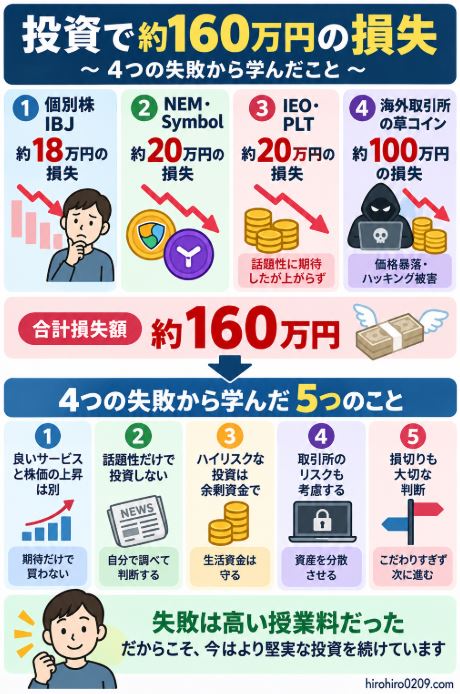 約160万円の投資損失の内訳と、個別株、仮想通貨、IEO、海外取引所での4つの失敗から学んだ5つの教訓をまとめた図解