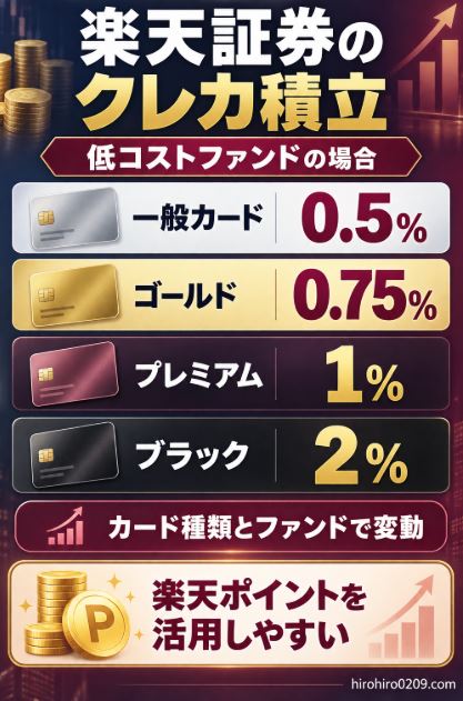 楽天証券のクレカ積立について、低コストファンドを積み立てた場合のカード別還元率と楽天ポイントの使いやすさを示した図解