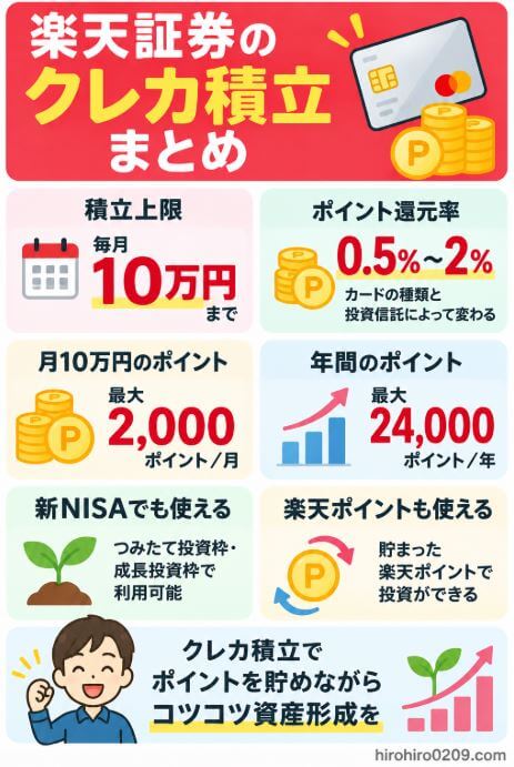楽天証券のクレカ積立について、月10万円まで積立可能、ポイント還元率0.5％～2％、年間最大24,000ポイント、新NISAや楽天ポイントも利用できることをまとめた図解