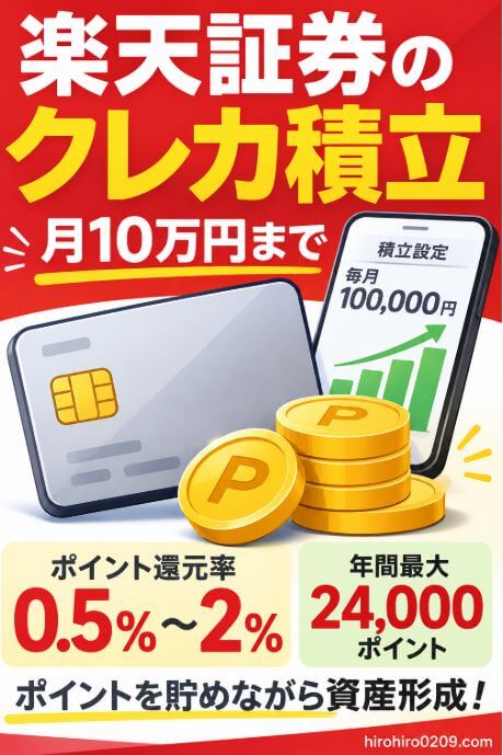 楽天証券のクレカ積立について、月10万円まで積立でき、ポイント還元率0.5％～2％、年間最大24,000ポイントが貯まることを紹介したアイキャッチ画像