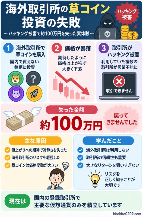 海外取引所で草コインを購入後、価格暴落と取引所のハッキング被害により約100万円を失った実体験と、取引所リスクや現在の投資方針を示した図解