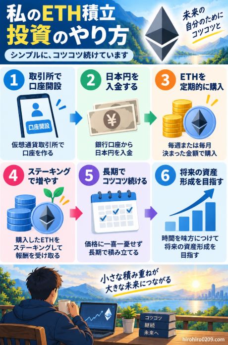 私が実践しているETH積立投資について、取引所の口座開設、日本円の入金、定期購入、ステーキング、長期積立という運用方法を示した図解