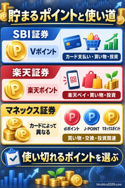 SBI証券・楽天証券・マネックス証券のクレカ積立で貯まるポイントと主な使い道を比較した図解