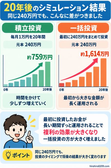 同じ240万円でも、一括投資は資金を最初から長く運用できるため、積立投資より20年後の評価額が大きくなる理由を示した図解