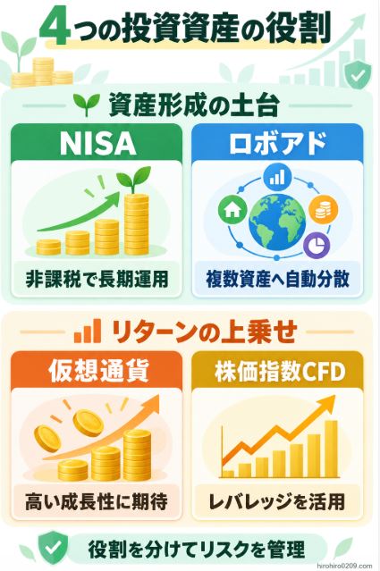 NISAとロボアドを資産形成の土台、仮想通貨と株価指数CFDをリターンの上乗せと位置付けた4つの投資資産の役割を比較する図解イラスト