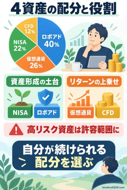 NISA22％とロボアド40％を資産形成の土台、仮想通貨26％とCFD12％をリターンの上乗せとし、高リスク資産を許容範囲に抑えて続けられる配分を選ぶ考え方をまとめた図解イラスト