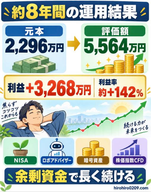 投資元本2296万円が評価額5564万円となり、利益3268万円、利益率約142%になった約8年間の運用結果と、余剰資金で長く続ける重要性をまとめた図解イラスト