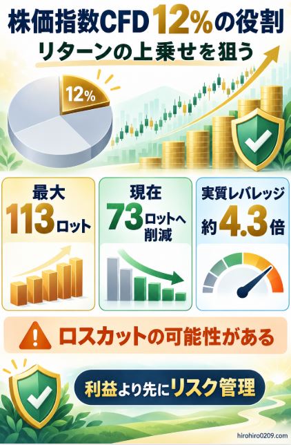 投資ポートフォリオの12％を占める株価指数CFDについて、最大113ロットから73ロットへ削減し、実質レバレッジ約4.3倍でリスクを管理しながらリターンの上乗せを狙う役割を示した図解イラスト