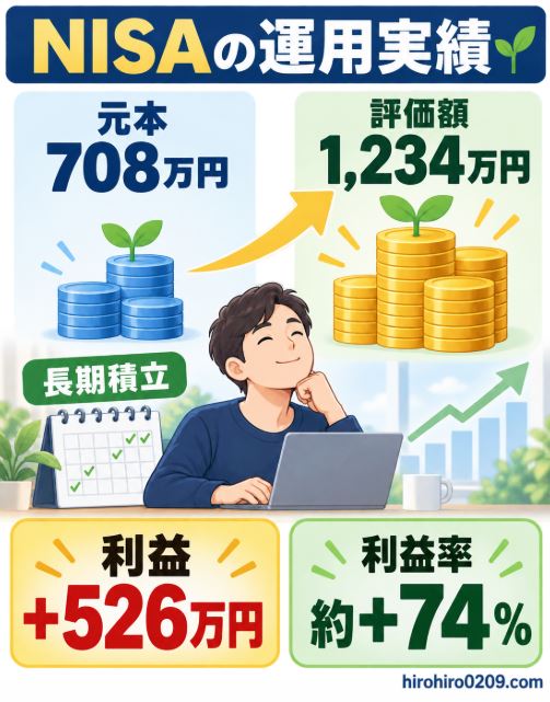 NISAの投資元本708万円が評価額1234万円となり、利益526万円、利益率約74%になった長期積立の運用実績を示す図解イラスト