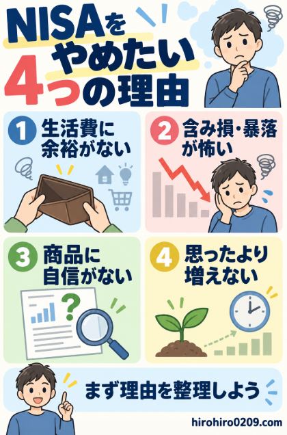 NISAをやめたいと感じる理由として、生活費に余裕がない、含み損や暴落が怖い、商品に自信がない、思ったより増えないという4項目を整理した図解イラスト