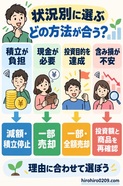 NISAの積立が負担なら減額・停止、現金が必要なら一部売却、投資目的を達成したら一部・全額売却、含み損が不安なら投資額と商品を再確認する判断フローチャート