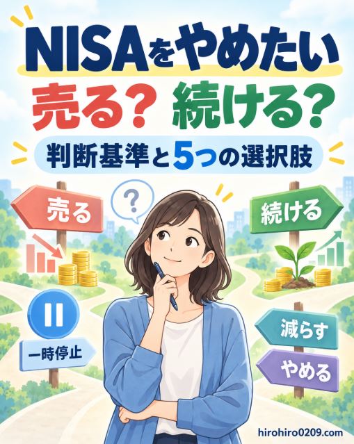 NISAをやめたい人に向けて、売る、続ける、減らす、一時停止などの選択肢と判断基準を紹介する記事のアイキャッチ画像
