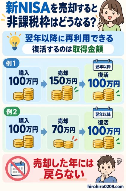 新NISAで100万円分の商品を150万円または70万円で売却した場合でも、翌年以降に再利用できる非課税保有限度額は取得金額の100万円分であり、売却した年には復活しないことを示した図解イラスト