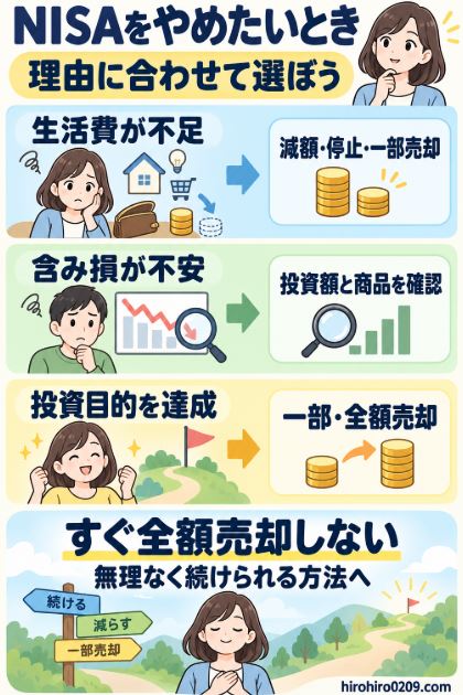 NISAをやめたい理由が生活費不足なら減額・停止・一部売却、含み損への不安なら投資額と商品を確認、投資目的を達成したなら一部・全額売却を選び、すぐに全額売却しないことを示した図解イラスト