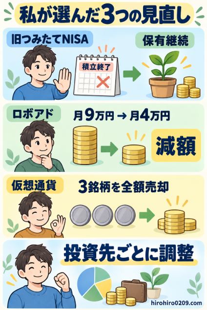 投資の見直し実例として、旧つみたてNISAは積立終了後も保有継続、ロボアドは月9万円から月4万円へ減額、仮想通貨は3銘柄を全額売却したことを示す図解イラスト