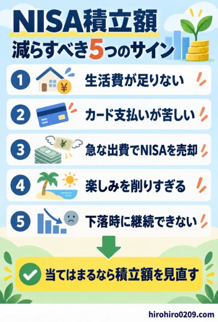 生活費の不足やカード支払いの負担、急な出費によるNISA売却など、積立額を減らすべき5つの判断基準を示した図解