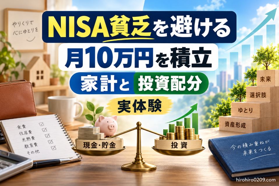 新NISAで月10万円を積み立てた実体験から、NISA貧乏を避けるための家計と投資配分を解説する画像