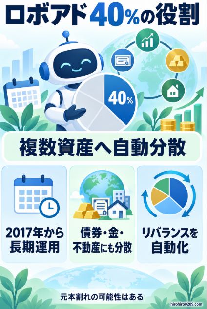 投資ポートフォリオの40％を占めるロボアドを、2017年から長期運用し、債券、金、不動産などへの分散とリバランスを自動化する資産と位置付けた図解イラスト