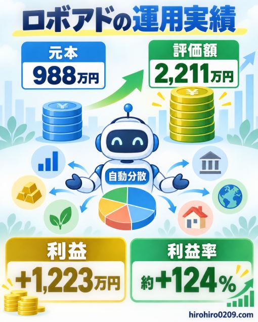 ロボアドの投資元本988万円が評価額2211万円となり、利益1223万円、利益率約124%になった運用実績を示す図解イラスト