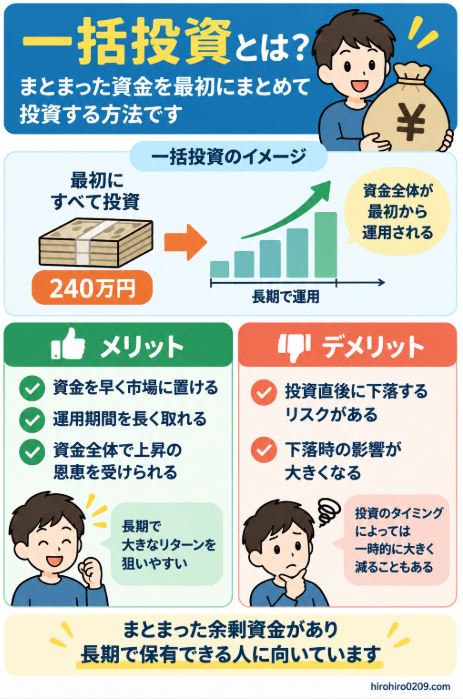 一括投資のメリットとデメリット、240万円を最初に投資して長期運用する特徴を示した図解