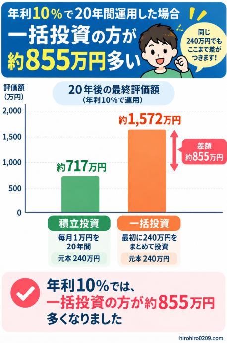 年利10%で20年間運用した場合、積立投資約759万円と一括投資約1,614万円で約855万円差となる比較グラフ