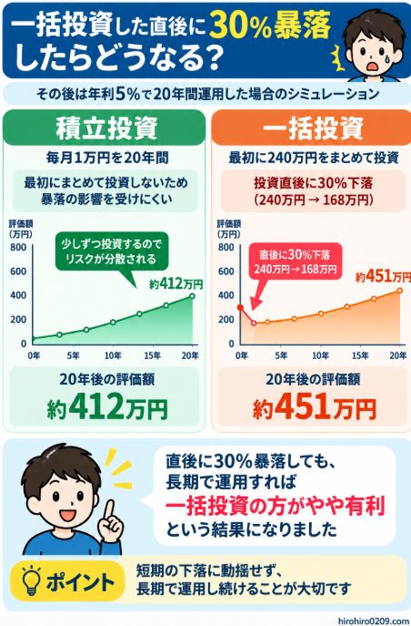 240万円を一括投資した直後に30%暴落すると168万円まで下落するケースと、積立投資への影響の違いを比較した図解