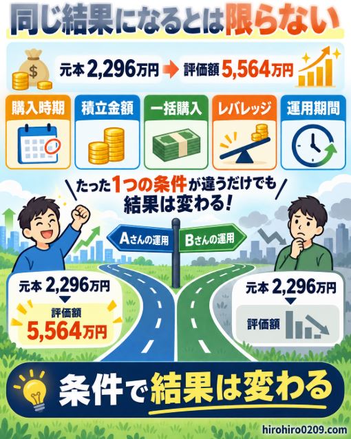 元本2296万円が評価額5564万円になった運用実績は、購入時期、積立金額、一括購入、レバレッジ、運用期間によって変わり、そのまま再現できるとは限らないことを示す図解イラスト