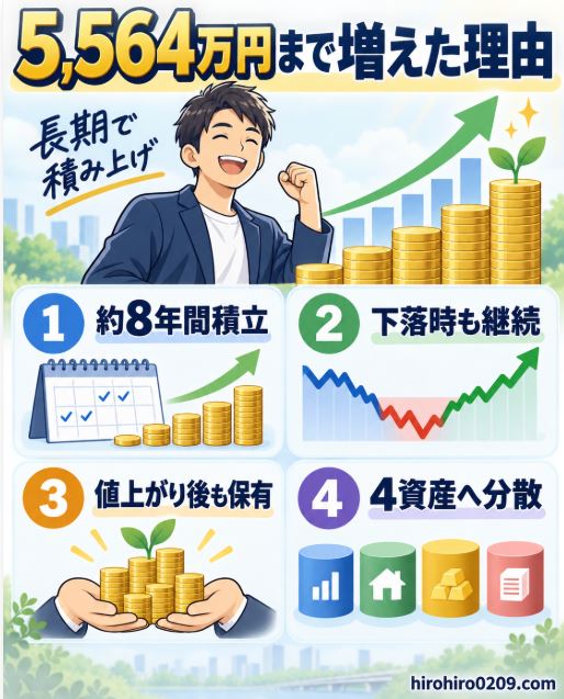 投資資産が5564万円まで増えた理由として、約8年間の積立、下落時の継続、値上がり後の保有、4資産への分散を示した図解イラスト