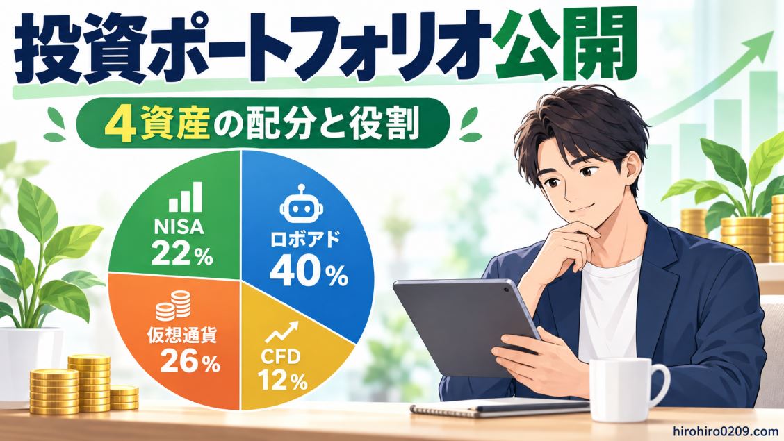 NISA22％、ロボアド40％、仮想通貨26％、CFD12％の4資産で構成する投資ポートフォリオの配分と役割を示したアイキャッチ画像