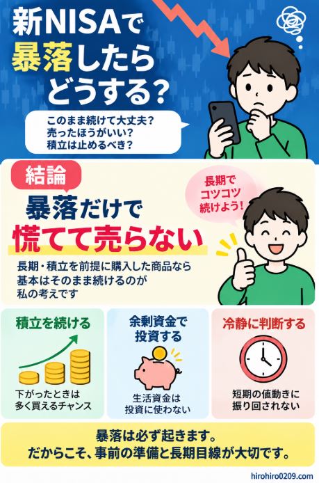 新NISAで暴落したときは慌てて売らず、余剰資金で積立投資を続けながら冷静に判断する考え方を示した図解