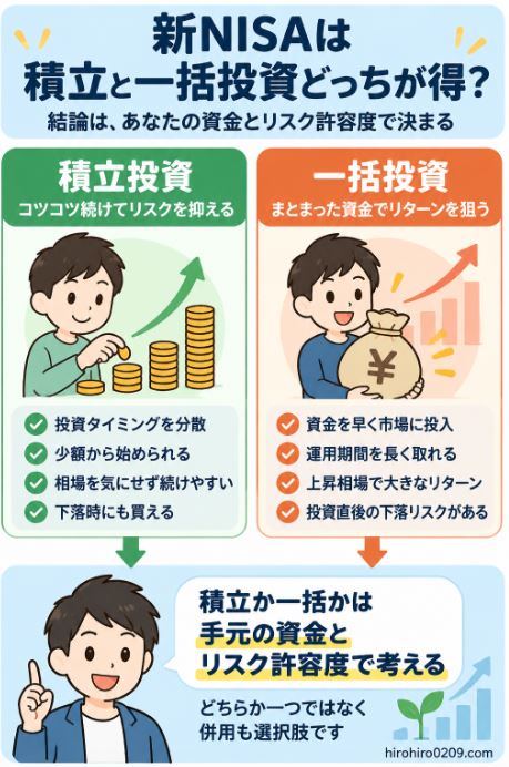 新NISAの積立投資と一括投資を比較し、手元の資金とリスク許容度で選ぶ考え方を示した図解
