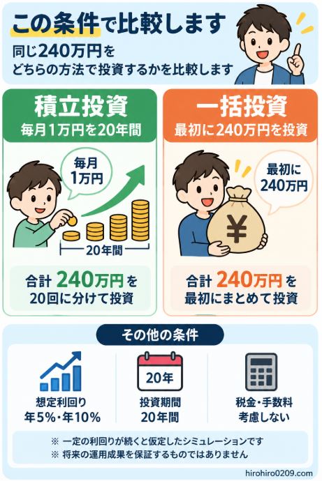 積立投資は毎月1万円を20年間、一括投資は240万円を最初に投資する比較条件を示した図解