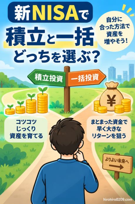 新NISAの積立投資と一括投資について、それぞれの特徴やメリットを比較し、自分に合う投資方法を考えるアイキャッチ画像