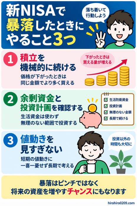 新NISAで暴落したときに、積立を続ける、余剰資金と投資計画を確認する、値動きを見すぎないという3つの行動を示した図解
