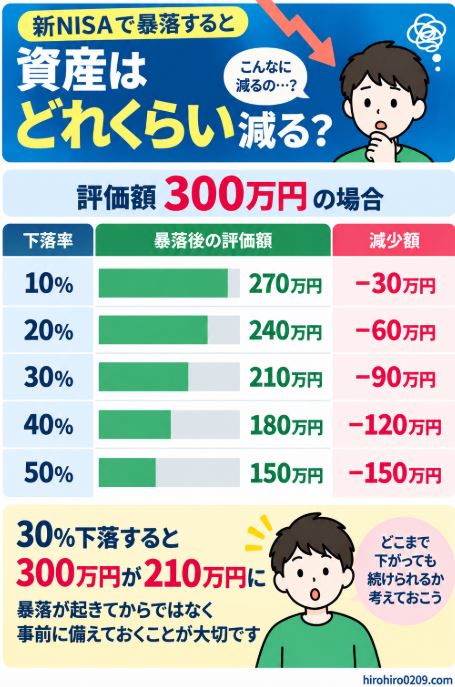 新NISAの評価額300万円が10%から50%暴落した場合の評価額と減少額を比較し、30%下落では210万円になることを示した図解