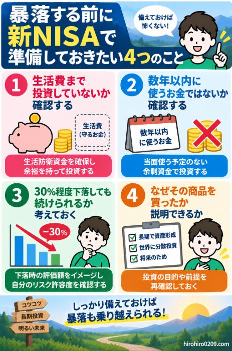 新NISAの暴落に備えて、生活費まで投資しない、数年以内に使うお金を投資しない、30%下落しても続けられるか確認する、商品を買った理由を明確にするという4つの準備を示した図解