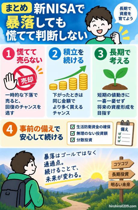 新NISAの暴落時は慌てて売らず、積立継続と長期投資を基本に、生活防衛資金や無理のない投資額を準備する重要性をまとめた図解